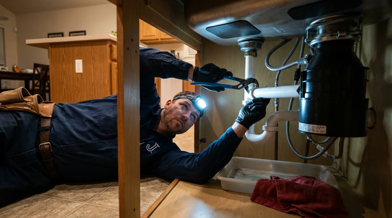 P-trap and supply line connections under a kitchen sink showing a common leak point in Bedford, OH